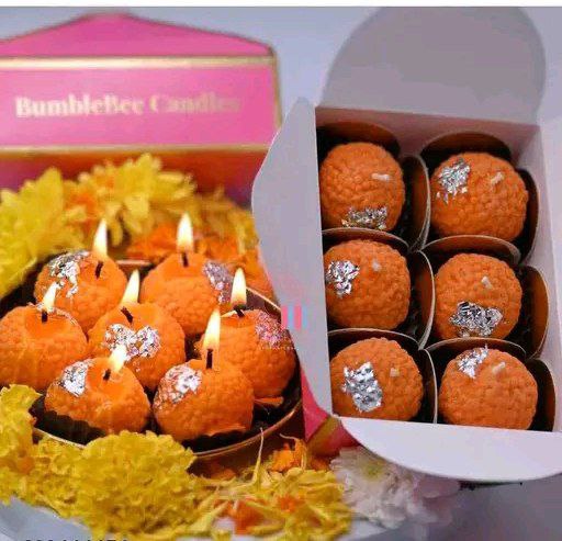 Premium Motichoor Ladoo Scented Decorative Candles – Set of 4 – Hand Poured Wax Candles for Festive Home Decor & Gifting