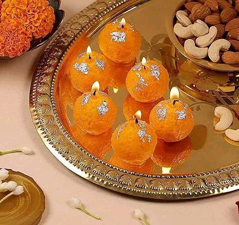 Premium Motichoor Ladoo Scented Decorative Candles – Set of 4 – Hand Poured Wax Candles for Festive Home Decor & Gifting